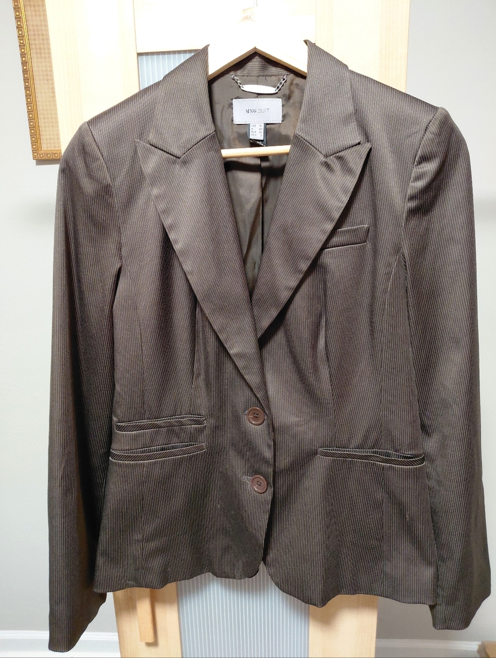 MNG Suit Women's Brown & White Striped Blazer Sheen Classic Stylish